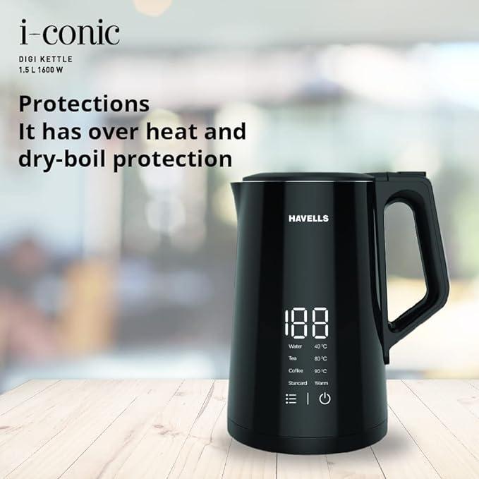 Havells I-Conic 1.5 Litre Digi Kettle with double wall and 304 stainless steel tank (Black)