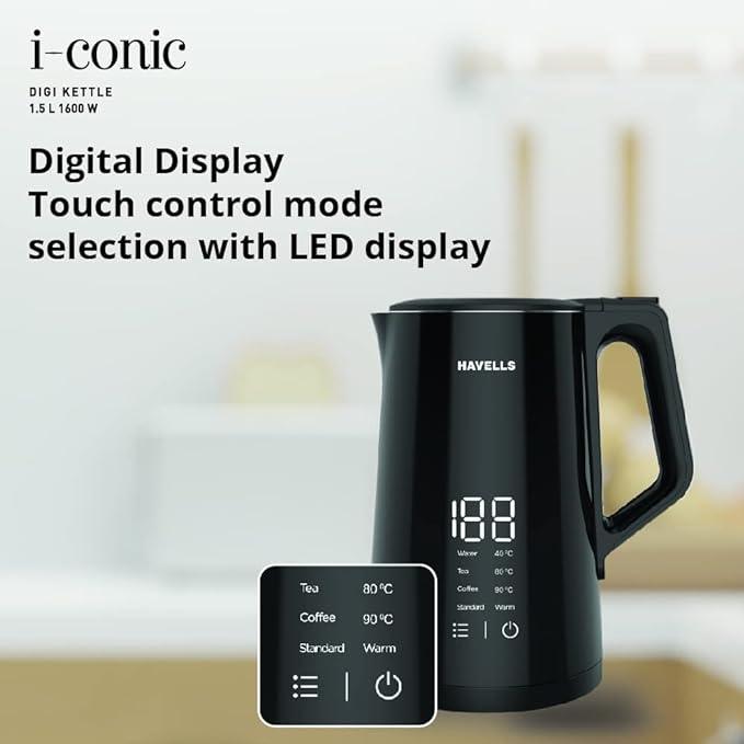 Havells I-Conic 1.5 Litre Digi Kettle with double wall and 304 stainless steel tank (Black)