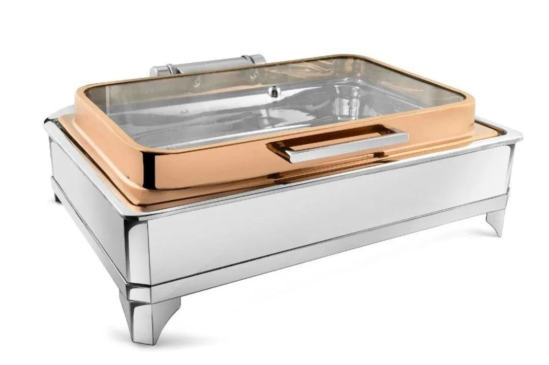 Chafing Dishes - Rectangular Full Glass Rose Gold Lid With Electric Frame Chafer