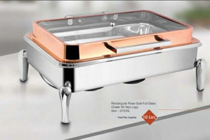 Chafing Dishes - Rectangular Full Glass Rose Gold Lid With Stand