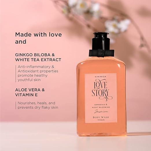 Kimirica Love Story Summer Body wash Gentle Exfoliating Shower Gel 270ml | Deep Cleanses Skin | 100% Vegan and Paraben Free (Night Blooming Jasmine & Bergamot).