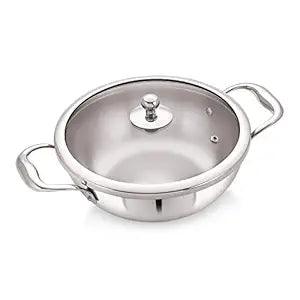 Cookware - 430 Stainless Steel Kadai With Glass Lid (Hammered/Plain)  Size - 18 Cm