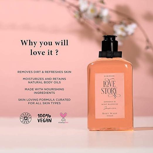 Kimirica Love Story Summer Body wash Gentle Exfoliating Shower Gel 270ml | Deep Cleanses Skin | 100% Vegan and Paraben Free (Night Blooming Jasmine & Bergamot).