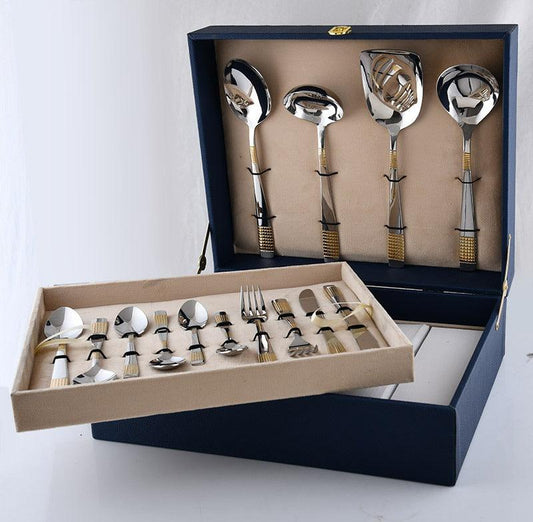 Gifting Products-34 Pcs, Cutlery Set with Wooden Box Gold Satin