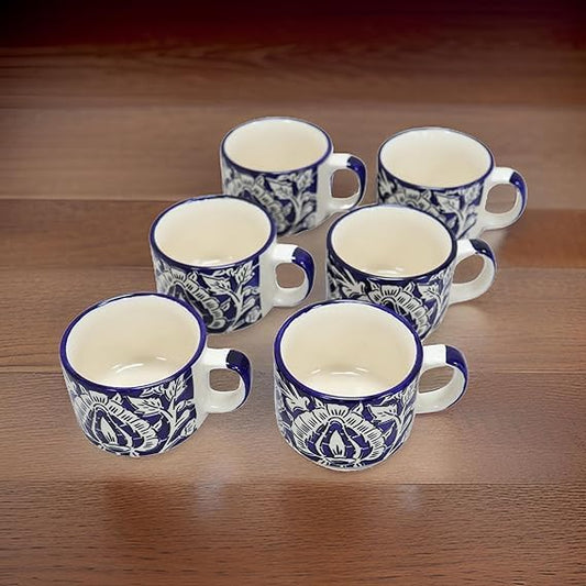 Table Ware - Gungun Ceramic Khurja :Khurja Pottery Handmade Ceramic Murli Cup | Blue Mugal Painted Cup | Set of 6-150 ml Each MYA-XYX-008