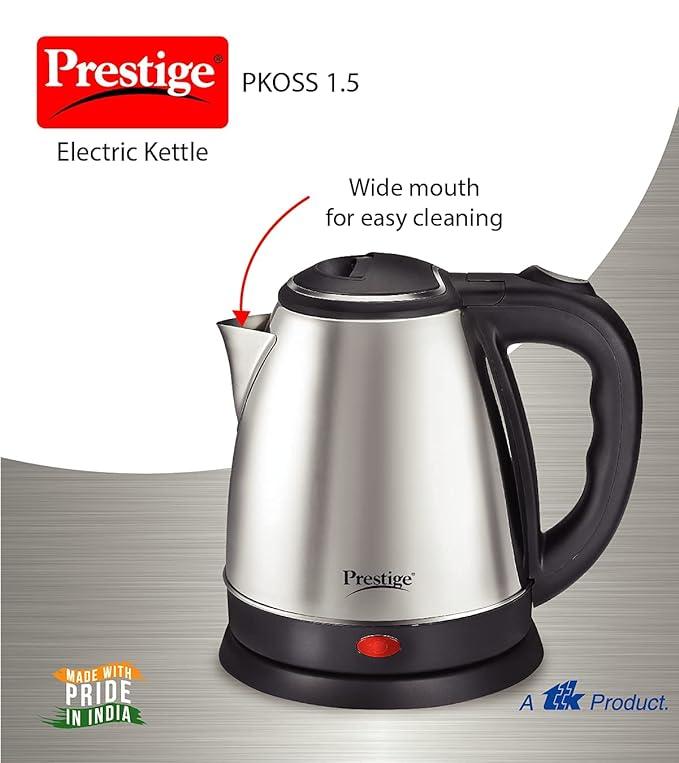 Prestige 1.5 Litres Electric Kettle (PKOSS 1.5)|1500W | Silver - Black| Automatic Cut-off | Stainless Steel | Rotatable Base | Power Indicator | Single-Touch Lid Locking