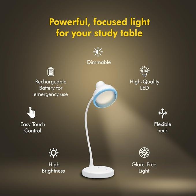 wipro Re-Chargeable LED Table Lamp, Flexible Design with 3 Grade Dimming |6W Desk Lamp for Study | White, ABS, Pack of 1