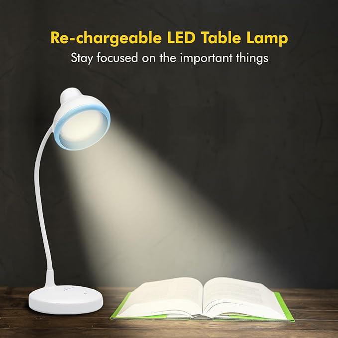 wipro Re-Chargeable LED Table Lamp, Flexible Design with 3 Grade Dimming |6W Desk Lamp for Study | White, ABS, Pack of 1