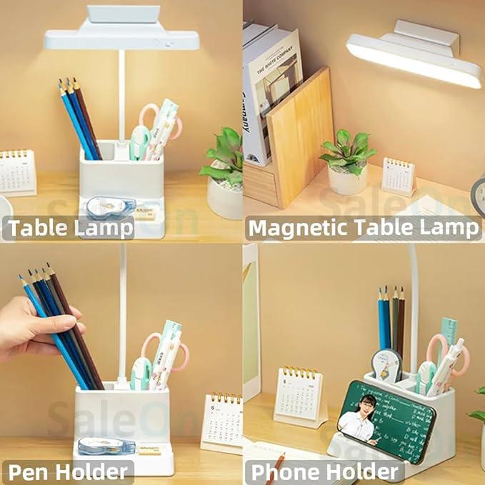 SaleOn Magnetic Detachable Desk Lamp, 3 Color Modes Lamp with Eye Care & Pen Holder, Reading Lamp with Flexible Gooseneck, Rechargeable Study Lamp with Adjustable Brightness & Phone Holder