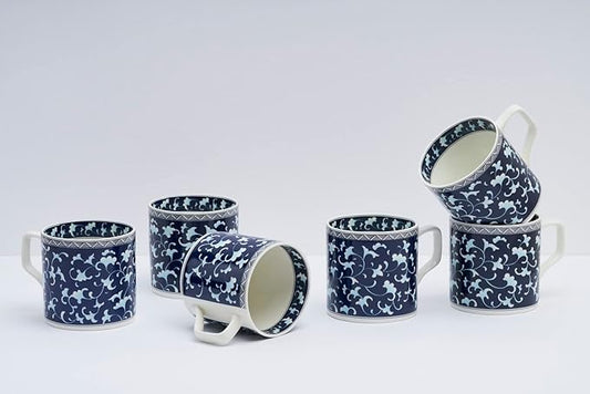 TableWare - GOLDEN QUEEN'S Handcrafted Indigo Floral Tea & Coffee Cups - Set of 6 | Perf MYA-XYX-012