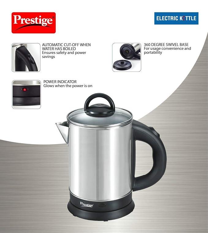 Prestige 1.7 Litres Electric Kettle(PKGSS 1.7)|1500W |Silver and Black | 1.7 Litres | Stainless Steel| Automatic Cut-off | Wide Mouth | Power Indicator | Single-Touch Lid Locking