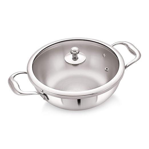 Cookware - 430 Stainless Steel Kadai With Glass Lid (Hammered/Plain)  Size - 30 Cm