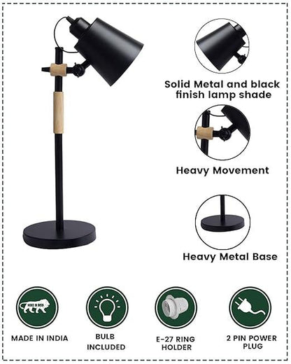 Homesake® Nordic Style Metal Desk Lamp,Modern Minimalist Adjustable Reading Lamp with Solid Natural Wood, (Desk Lamp Black)