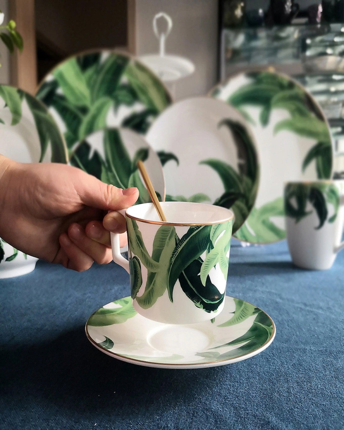 Frond Green Printed Bone China Cups and Saucers Set