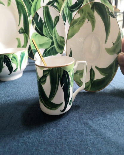 Frond Green Printed Bone China Cups and Saucers Set