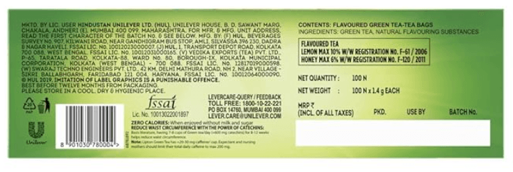 Lipton Honey Lemon Green Tea Bags 100 pcs, All Natural Flavour, Zero Calories - Improves Metabolism & Reduces Waist