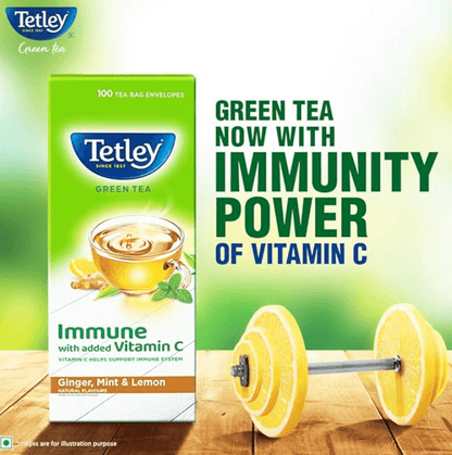 Tetley Green Tea Immune, With Added Vitamin C, Ginger, Mint & Lemon, 100 Tea Bags, 1.4gx100