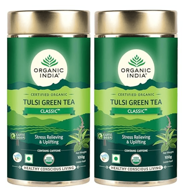 ORGANIC INDIA Tulsi Green Tea Classic Tin (100gm) - Pack of 2