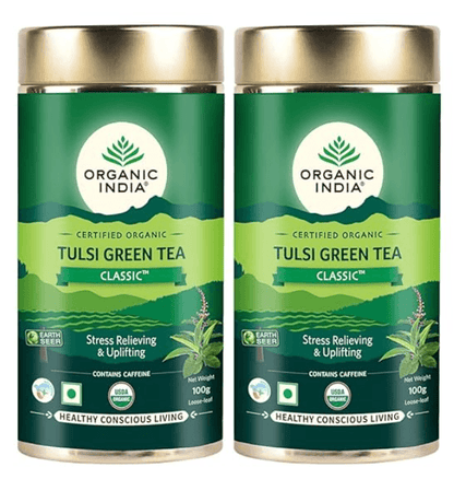 ORGANIC INDIA Tulsi Green Tea Classic Tin (100gm) - Pack of 2