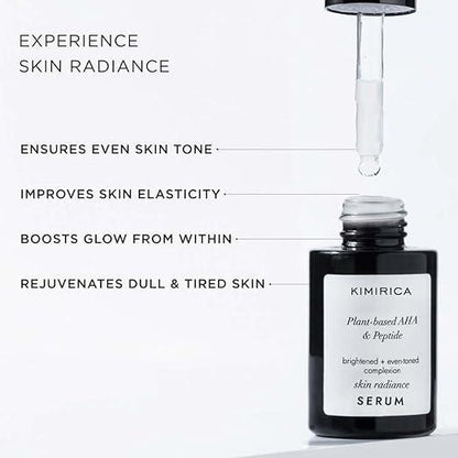 Kimirica Skin Radiance Face Serum with 100% Plant-based AHA & Peptide for Youthful Glow, Even-Toned Skin & Dark Circle & Spots, For Glowing Skin 100% Vegan 30ml