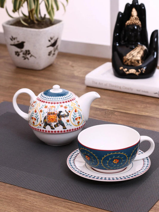 ClayCraft - India Circus Swirling Safari Tea for One Set of 3 (1 Teapot, 1 Cup and 1 Saucer)