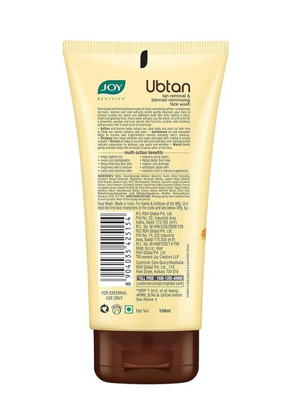 Joy Tan Removal Ubtan Face Wash For Bright & Glowing Skin (150ml) | Natural Face Wash with Turmeric & Saffron for Acne & Tan Removal | Face Wash for Men & Women