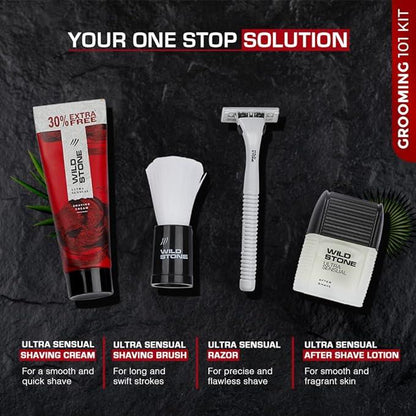 Wild Stone 7 Essentials Grooming Kit with Ultra Sensual After Shave Lotion 50ml, Shaving Cream 78gm, Shaving Brush, Deodorant 150ml, Soap 125gm, Ultra Sensual Pouch and free Razor|