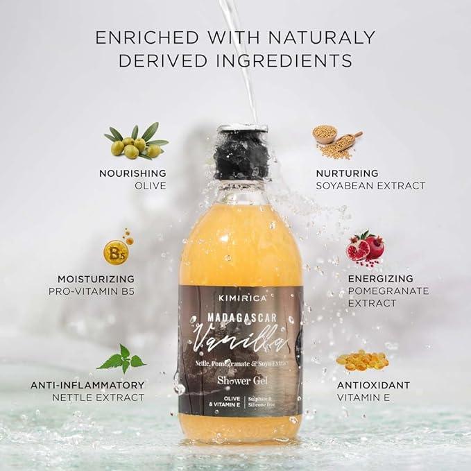 Kimirica Madagascar Vanilla Sulphate Free Shower Gel | With the goodness of Nettle, Pomegranate & Soya Extract | 100% Vegan & Silicone Free Bodywash | 300ml