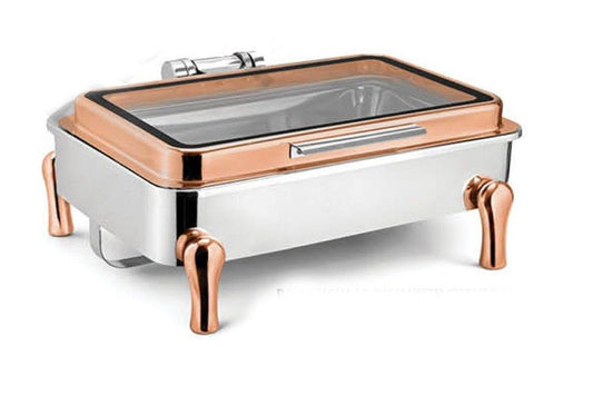 Chafing Dishes - Rectangular Full Glass Rose Gold Lid With Stand