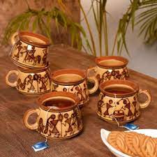 Table Ware - Pack of 6 Ceramic Hand painted Tea Cups  (Brown, Cup Set) MYA-XYX-005