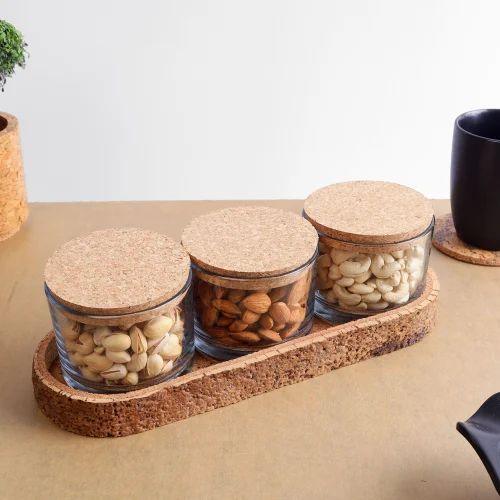 Cork Serving/Decor Tray - Set Of 3 Jars With Tray