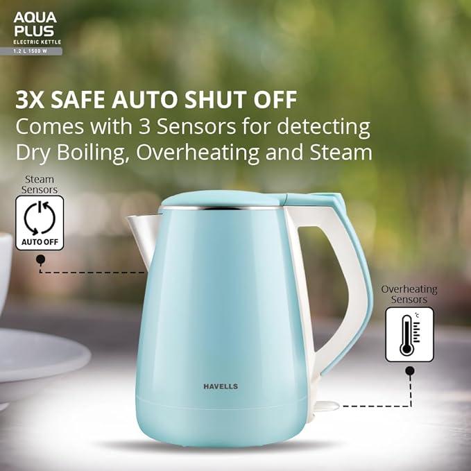 Havells Electric Kettle Aqua Plus 1250 Watts 1.2 liters , Double Layered Cool Touch Outer Body