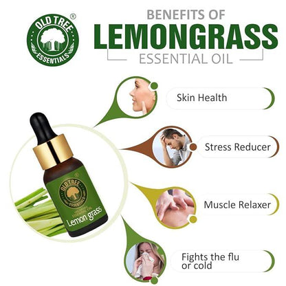 Old Tree Lemongrass Essential Oil (15ml) - for Skin, Hair Care, Insect Repellant, Home Fragrance and Aromatherapy - Pure and Natural Undiluted Oil with Glass Dropper