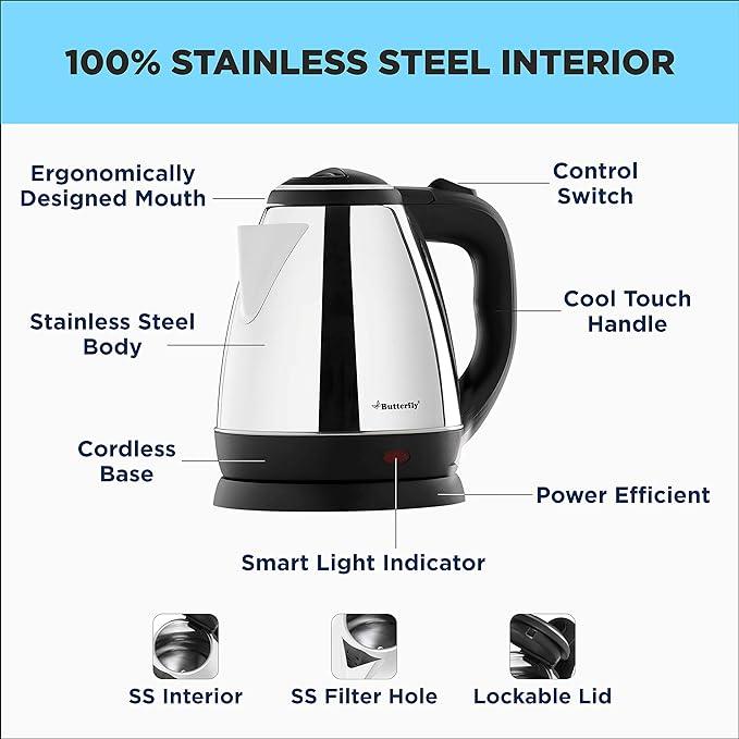 Butterfly EKN 1.5-Litre Electric Kettle (Silver with Black) |Stainless Steel| 1500 watts