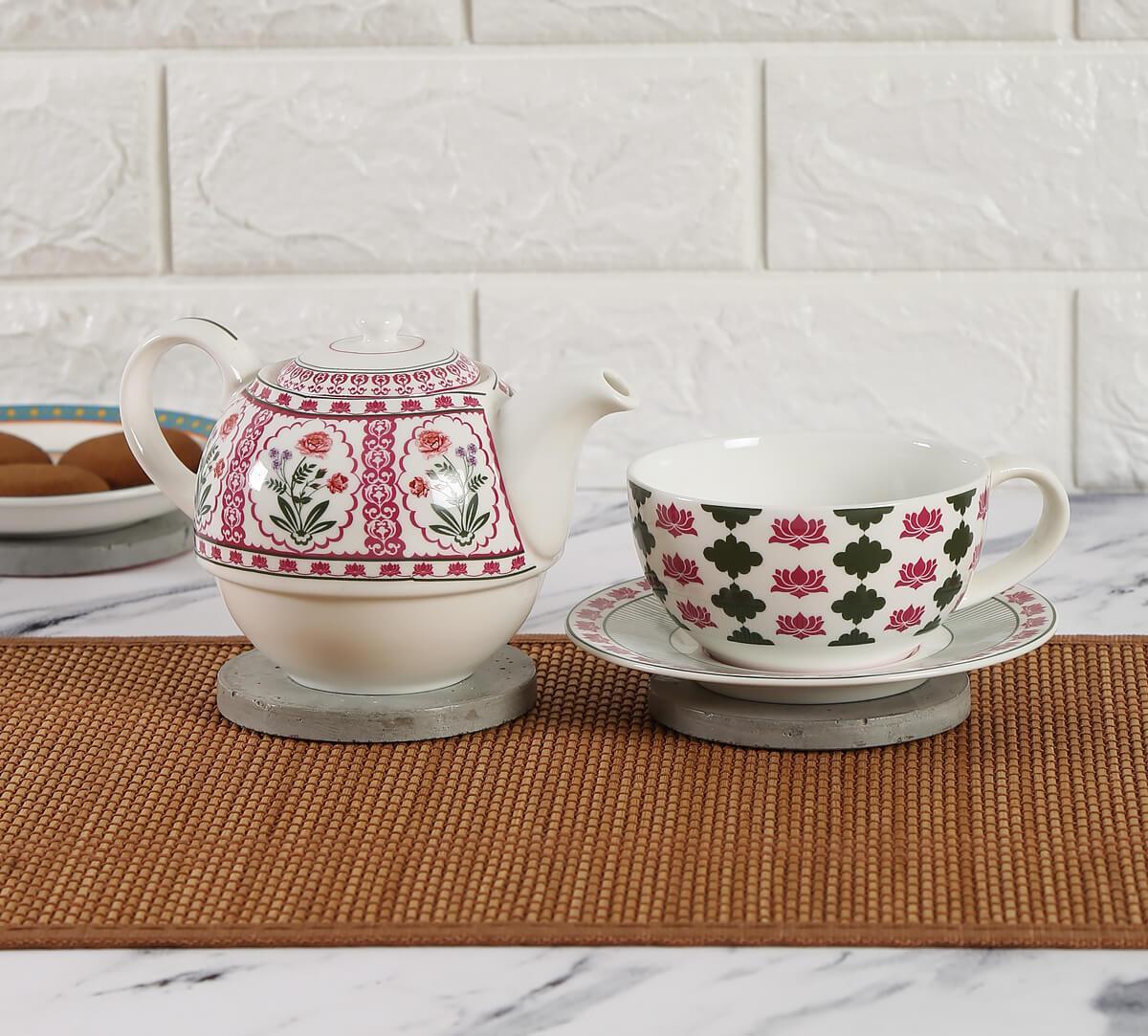 ClayCraft - India Circus Floral Fountain Tea for One Set of 3 (1 Teapot, 1 Cup and 1 Saucer)