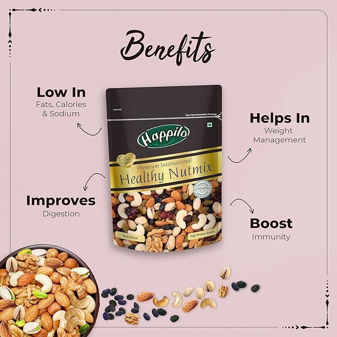 Happilo Premium International Healthy Nutmix 200g, Dried Almonds, Black Raisins, Cashewnuts, Cranberries, Green Raisins, Pistachio Kernels & Walnut Kernels