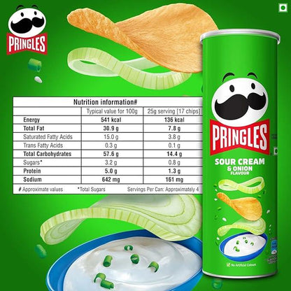 Pringles Sour Cream & Onion Flavour | Potato Chips | Sour Cream & onion Flavored Potato chips | Crispy Snack | Crunchy Snack food for Movies, Games & More | On-the-Go Can | 134gram|Salted