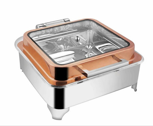 Chafing Dishes - Square Full Glass Rose Gold Lid With Electric Frame Chafer