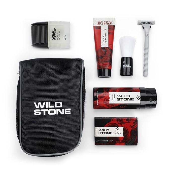 Wild Stone 7 Essentials Grooming Kit with Ultra Sensual After Shave Lotion 50ml, Shaving Cream 78gm, Shaving Brush, Deodorant 150ml, Soap 125gm, Ultra Sensual Pouch and free Razor|