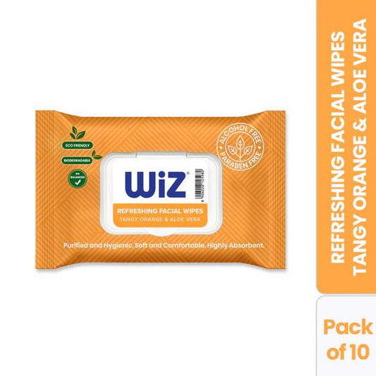 Wiz Pack of 10 Tangy Orange & Aloe Vera Refreshing Facial Wet Wipes - 25 Wipes